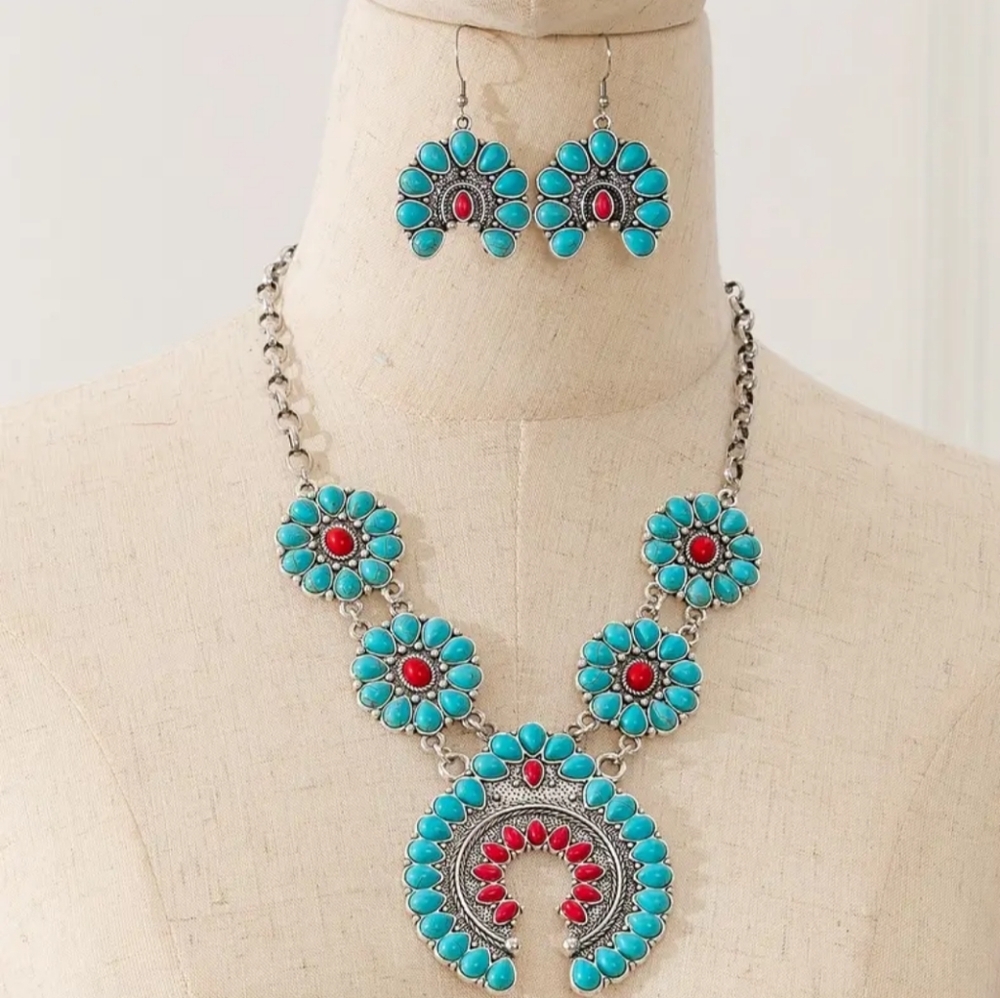 New Bohemian Style Vintage Western Horseshoe Red‎ Turquoise Necklace Earring Set